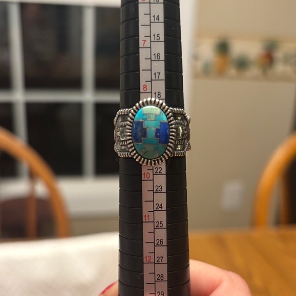Carolyn Pollack Sterling Silver Ring Geometric Turquoise Blue Inlay Design Sz 9